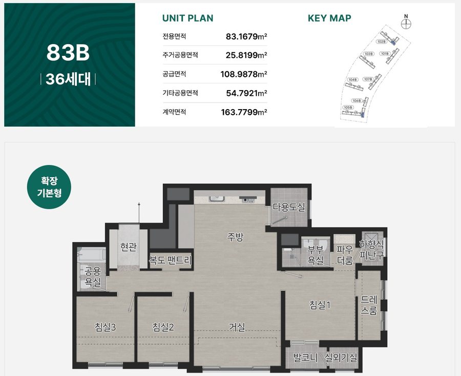 울산 다운2지구 유승한내들 에듀포레 83B 타입 평면도
