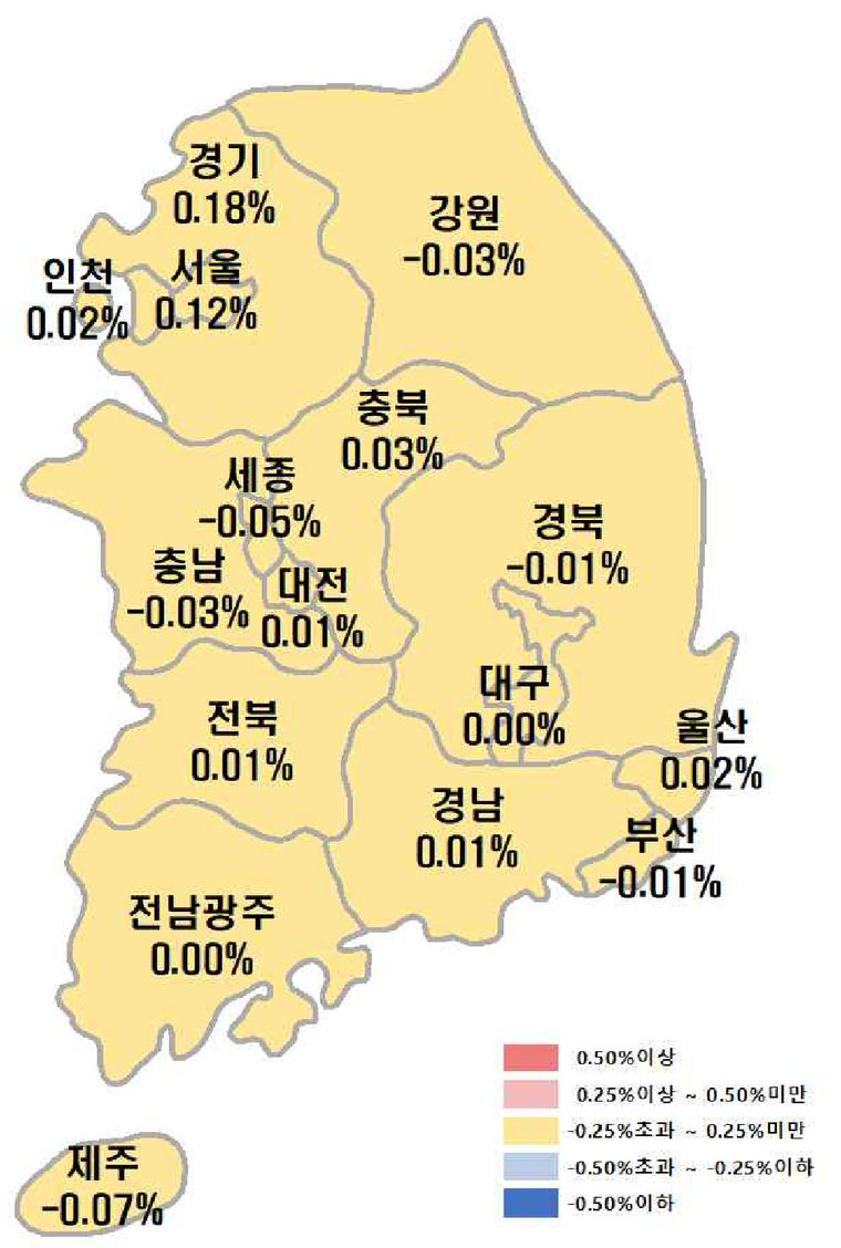 시도별 아파트 매매가격 변동률 지도 (자료: 한국부동산원 주간아파트가격동향)