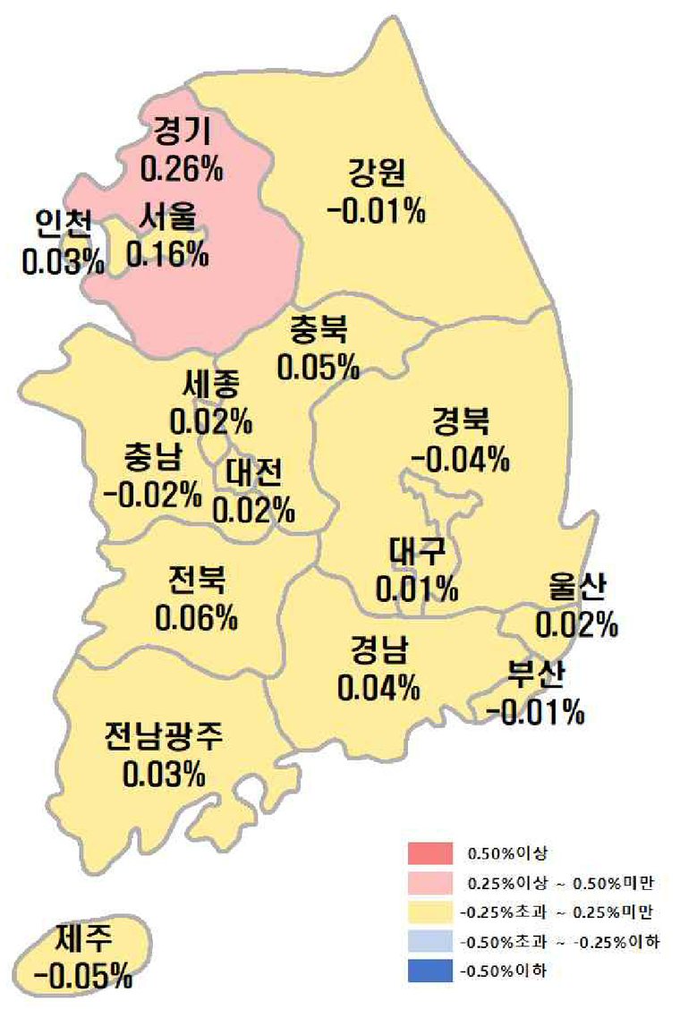 시도별 아파트 매매가격 변동률 지도 (자료: 한국부동산원 주간아파트가격동향)
