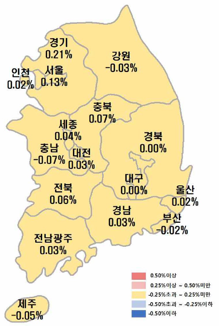 시도별 아파트 매매가격 변동률 지도 (자료: 한국부동산원 주간아파트가격동향)